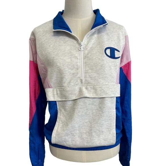 Champion Mixed Media Pink Blue Retro Quarter Zip Sweatshirt Womens‎ Small. - Picture 1 of 10